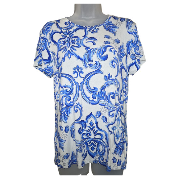 L'Agence Wom Lg Blue White Ressi Fitted Tee Mediterranean Baroque Swirl Coastal - Picture 1 of 10